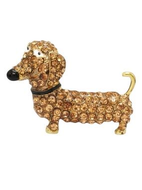 Crystal Rhinestone Dachshund Dog Brooch Gold Tone Animal Jewelry